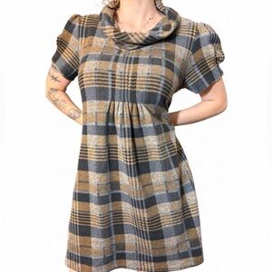 plaid mini babydoll dress with draped cowl neck